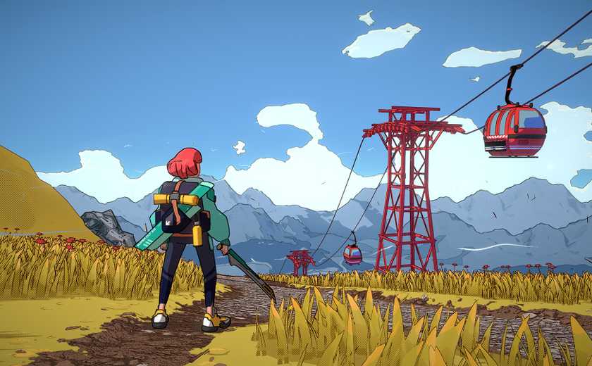 Luisa standing in a yellow field looking at the mountaintops in Dungeons of Hinterberg.