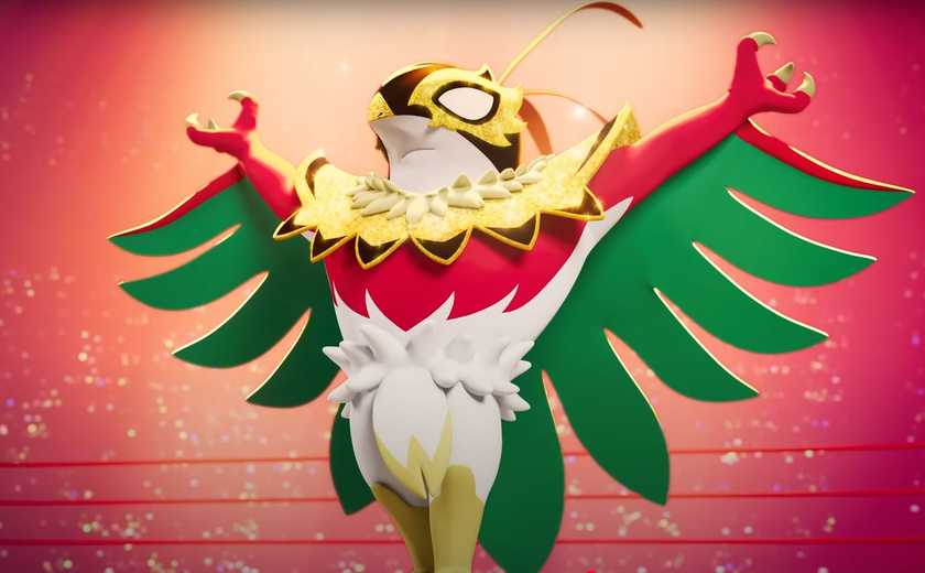 Mega Hawlucha stands tall in a wrestling ring within Pokemon Legends: ZA
