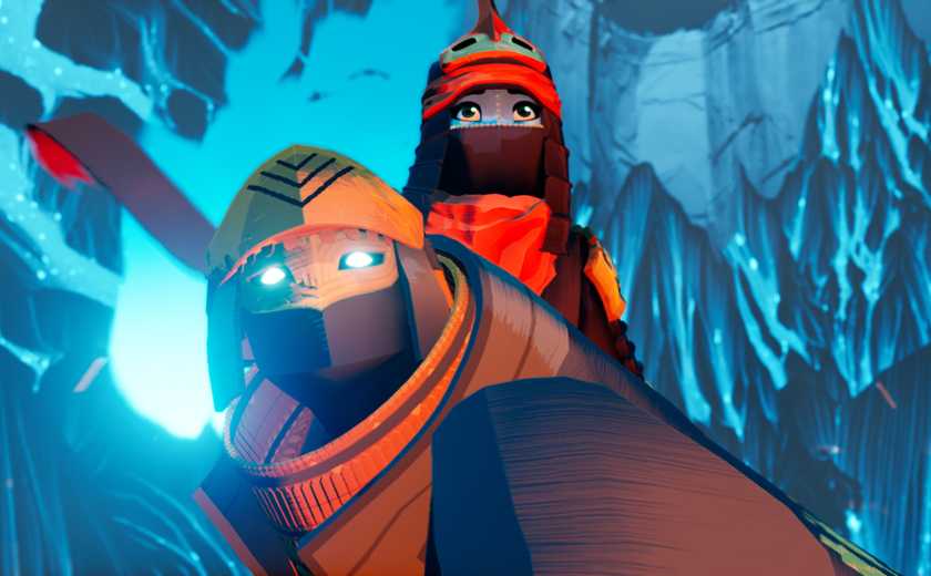 Sword of the Sea's two main characters, both masked, gaze upward in awe.